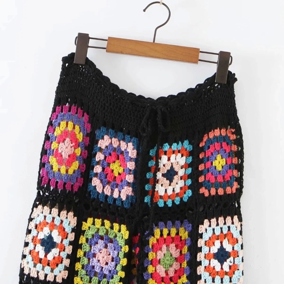 Handmade Colorful Bohemian Multi Color Knit Sweater Black Women's Casual Pants - Picture 6 of 10